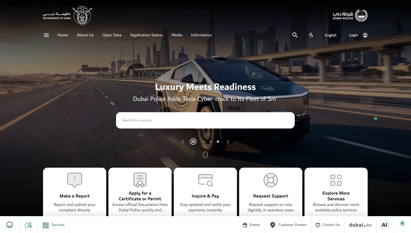 Dubai Police website homepage - service search and five primary service tiles