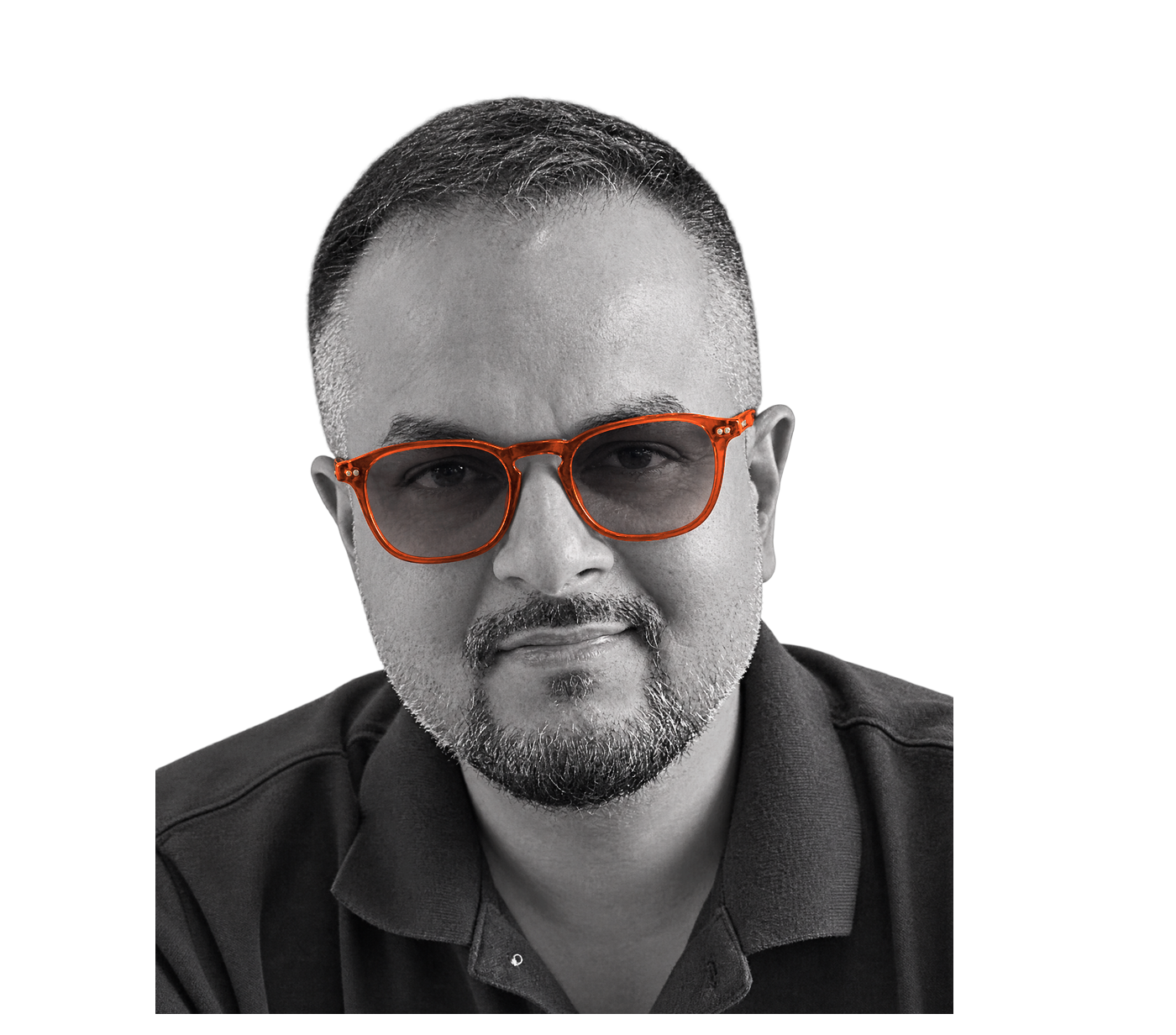 Portrait of Ramesh Vishwakarma in front of an orange sun